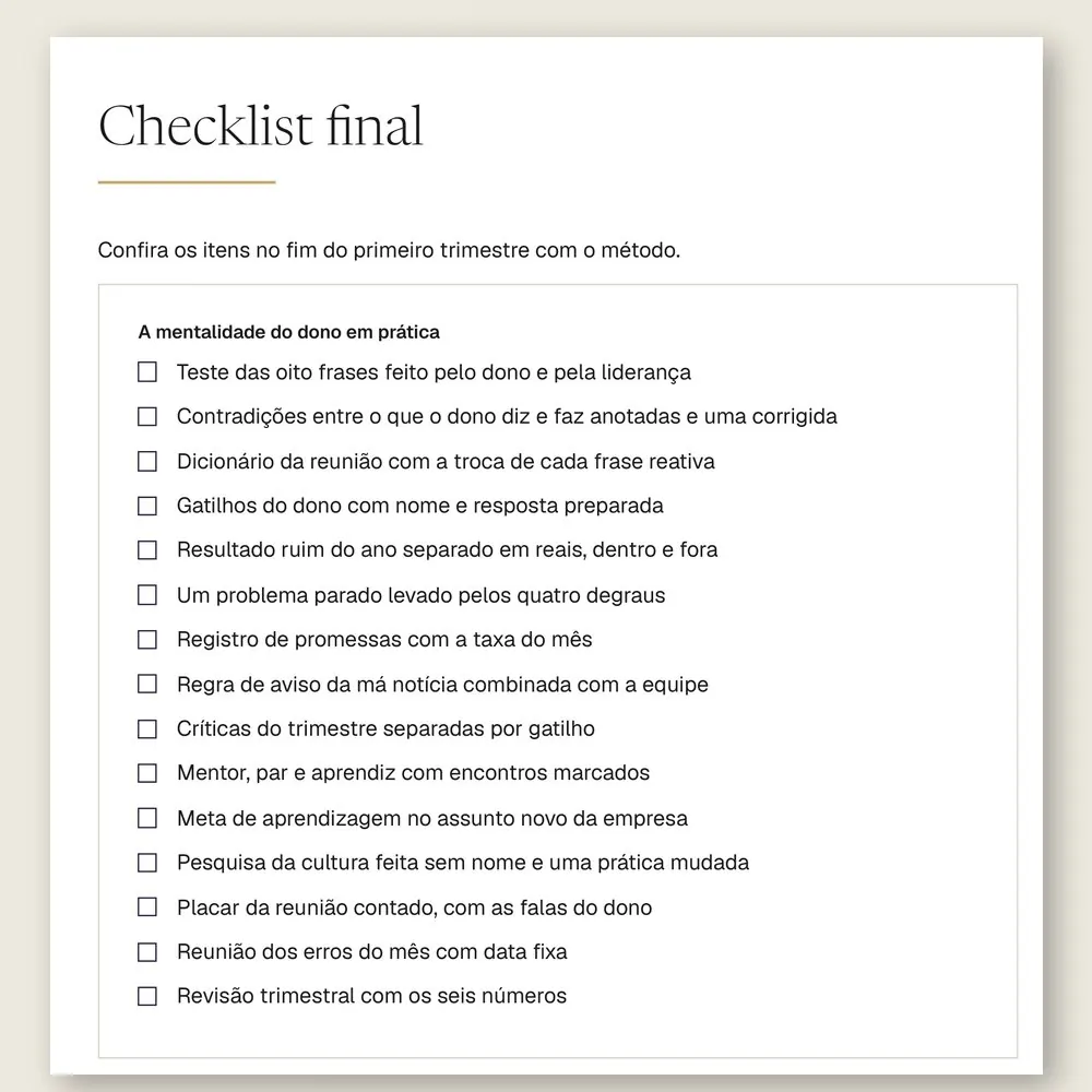 Página do checklist final do manual, com 15 itens para conferir no fim do primeiro trimestre com o método.