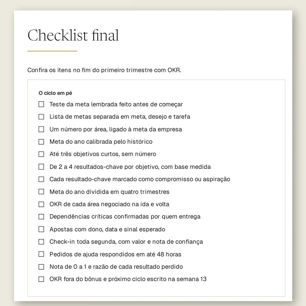 Página do checklist final do manual, com 15 itens para conferir no fim do primeiro trimestre com OKR.
