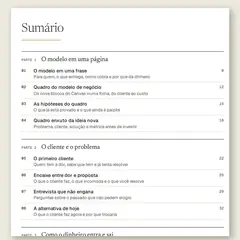 Manual aberto na página do sumário, com a Parte 1, O modelo em uma página, a Parte 2, O cliente e o problema, e a Parte 3, Como o dinheiro entra e sai.