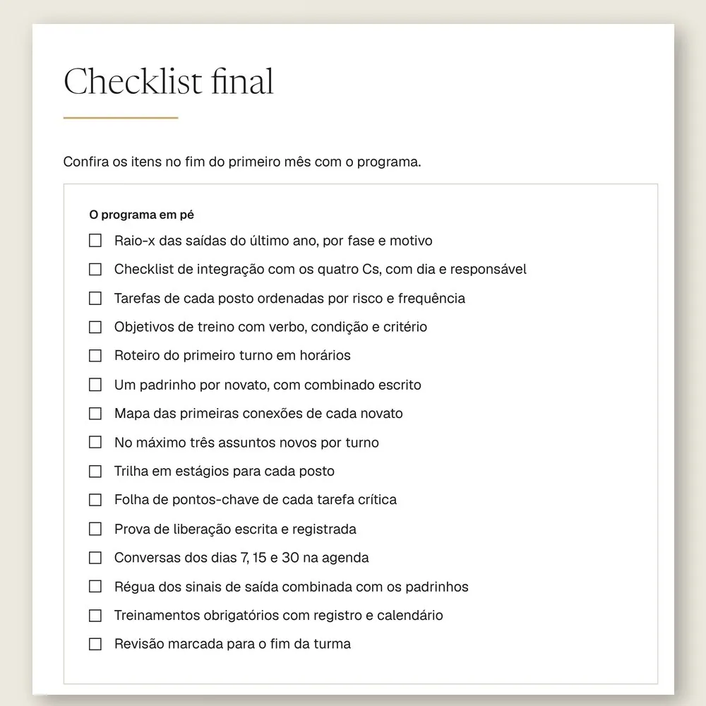 Página do checklist final do manual, com 15 itens para conferir no fim do primeiro mês com o programa.