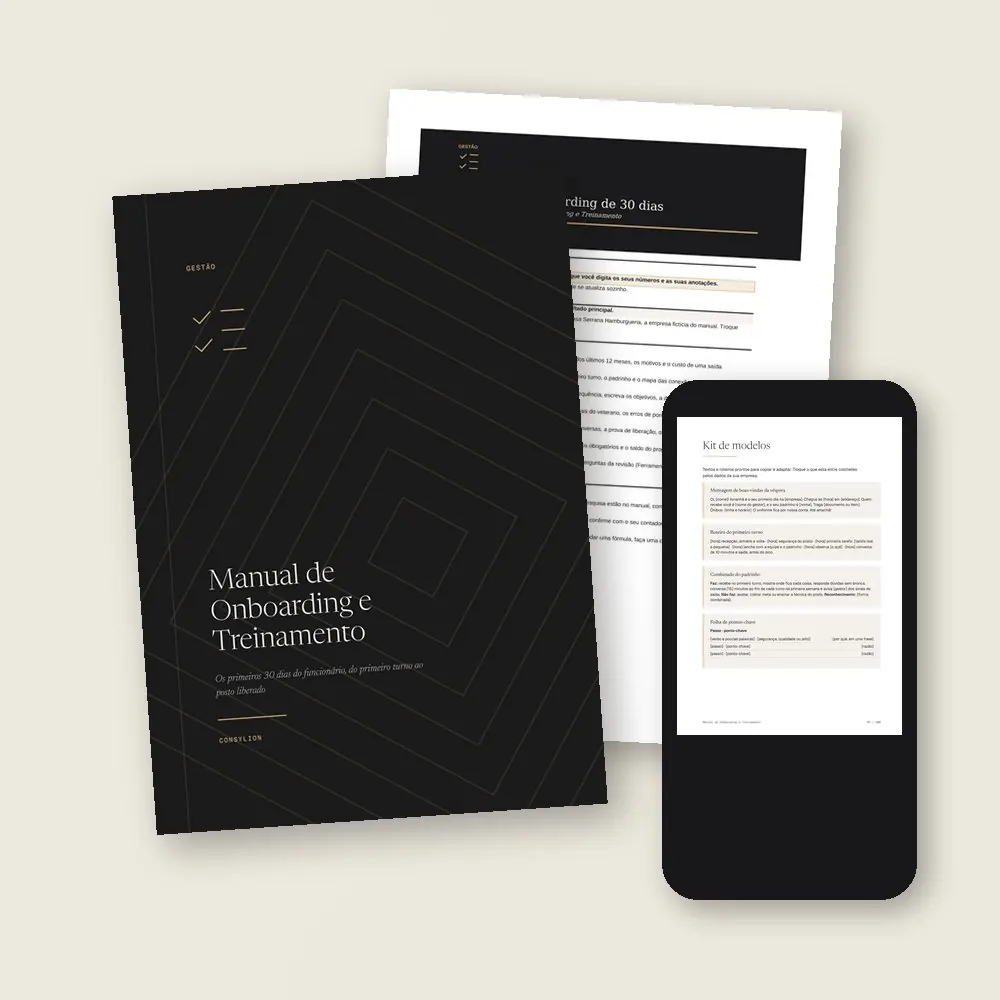 O que vem no Manual de Onboarding e Treinamento: o PDF de 100 páginas, a planilha do onboarding de 30 dias, em Excel e Google Sheets, e o acesso pelo celular, com os 14 modelos prontos do Kit.