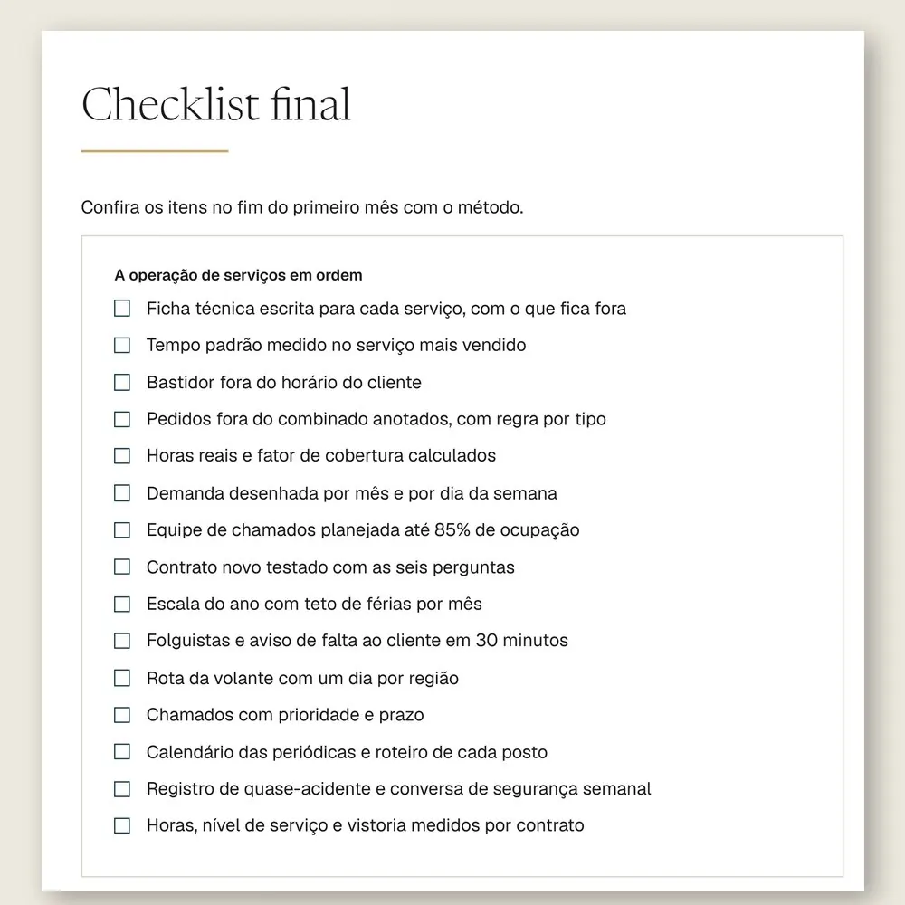 Página do checklist final do manual, com 15 itens para conferir no fim do primeiro mês com o método.