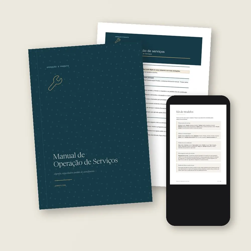 O que vem no Manual de Operação de Serviços: o PDF de 100 páginas, a planilha da operação, em Excel e Google Sheets, e o acesso pelo celular, com os 16 modelos do Kit.