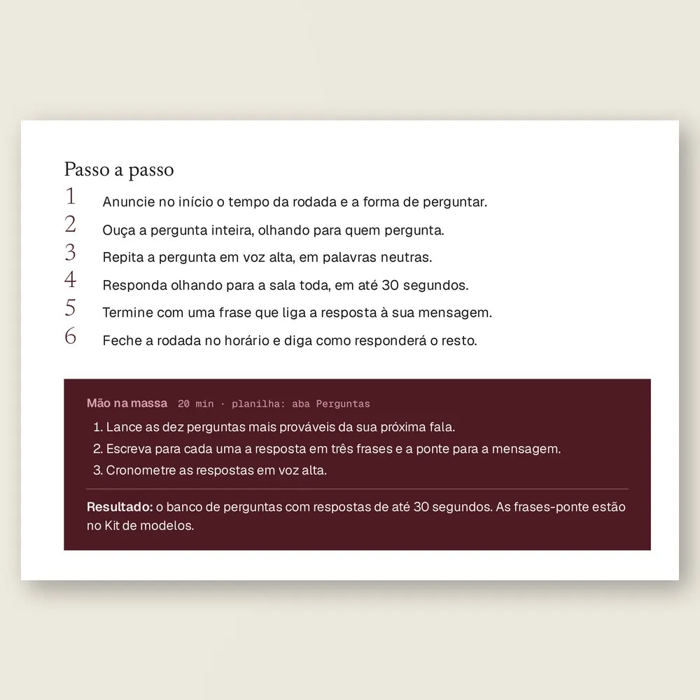 Página da Ferramenta 10, Rodada de perguntas conduzida, com o passo a passo para ouvir, repetir, responder em 30 segundos e voltar à mensagem, e a caixa Mão na massa.