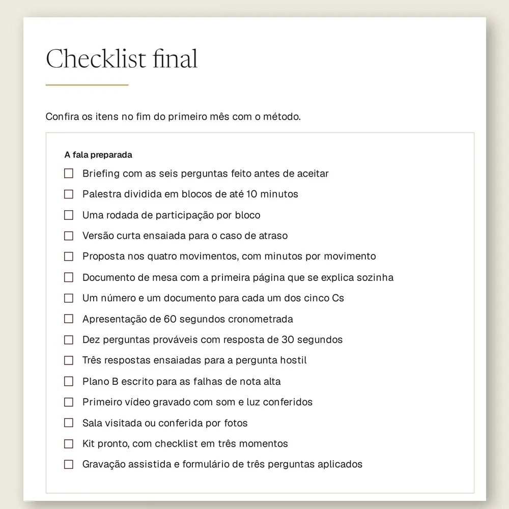 Página do checklist final do manual, com 15 itens para conferir no fim do primeiro mês com o método.