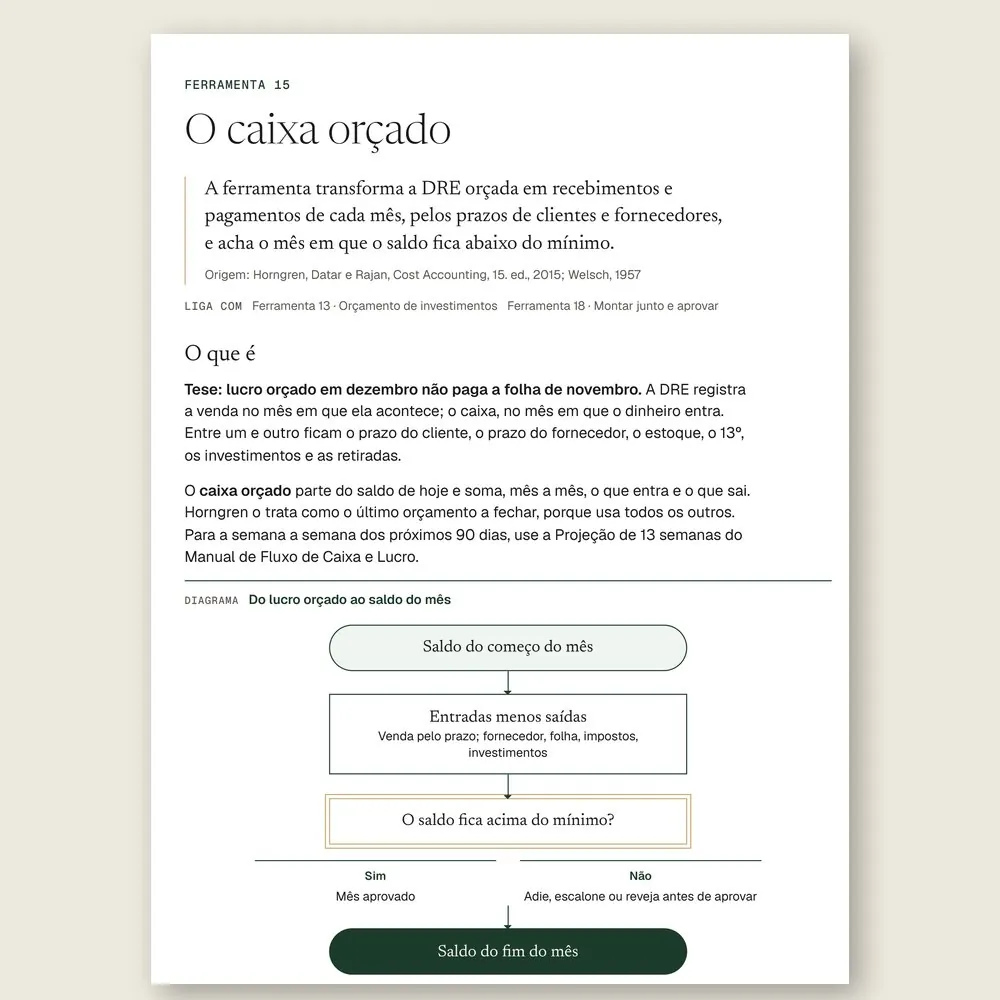 Página da Ferramenta 15 com o fluxograma do caixa orçado: saldo do começo do mês, entradas menos saídas, a pergunta se o saldo fica acima do mínimo e o saldo do fim do mês.