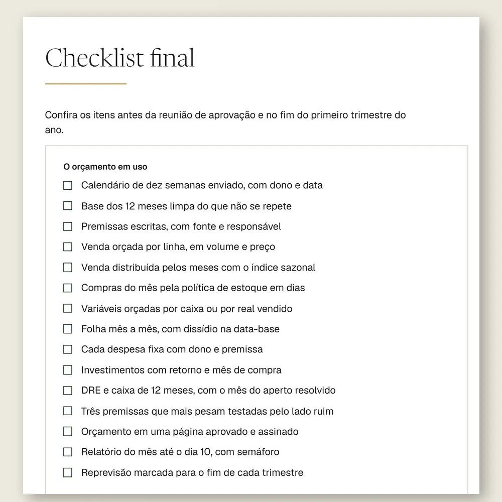 Página do checklist final do manual, com 15 itens para conferir antes da aprovação e no fim do primeiro trimestre.