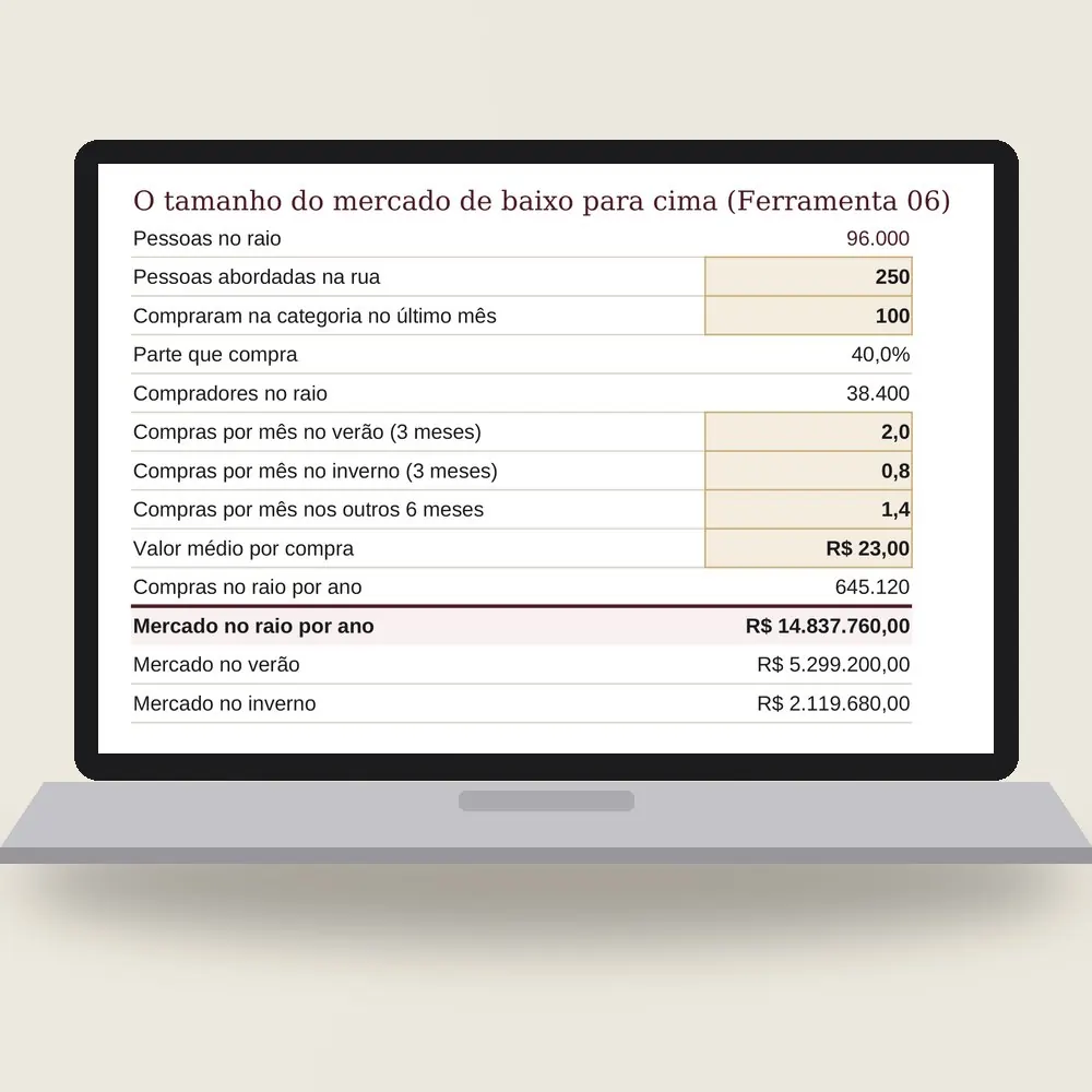 Notebook com a planilha da pesquisa de mercado aberta na aba Mercado, com o mercado no raio e a procura mês a mês.