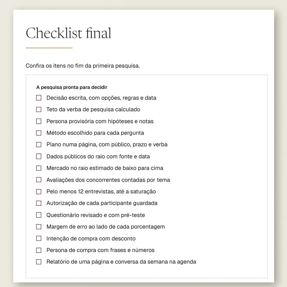 Página do checklist final do manual, com 15 itens para conferir no fim da primeira pesquisa.