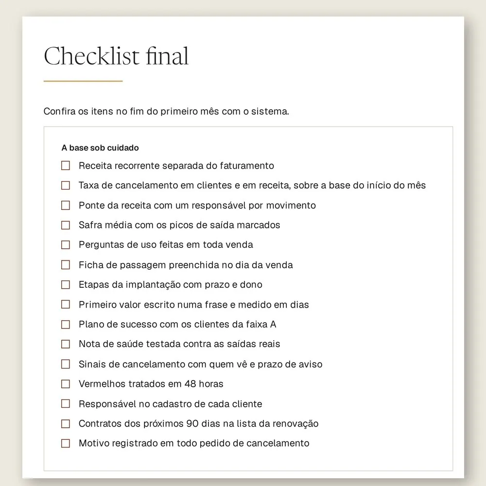 Página do checklist final do manual, com 15 itens para conferir no fim do primeiro mês com o sistema.