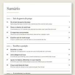 Manual aberto no sumário, com a Parte 1, Sair da guerra de preço, a Parte 2, Escolher a posição, e a Parte 3, A promessa e a prova, e as ferramentas numeradas de 01 a 13.