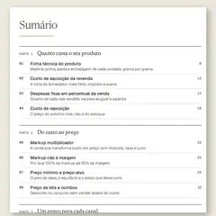 Manual aberto na página do sumário, com a Parte 1, Quanto custa o seu produto, a Parte 2, Do custo ao preço, e a Parte 3, Um preço para cada canal, e as ferramentas numeradas de 01 a 13.