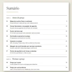 Manual aberto na página do sumário, com a Parte 1, Antes do preço, e a Parte 2, Formar o preço, e as ferramentas numeradas de 01 a 14.