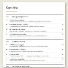 Manual aberto nas páginas do sumário, com as cinco partes, de Enxergar os processos a A empresa que roda sem você, e as 24 ferramentas numeradas.
