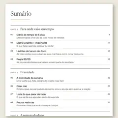 Manual aberto na página do sumário, com a Parte 1, Para onde vai o seu tempo, a Parte 2, Prioridade, e a Parte 3, A semana do dono, e as ferramentas numeradas de 01 a 13.