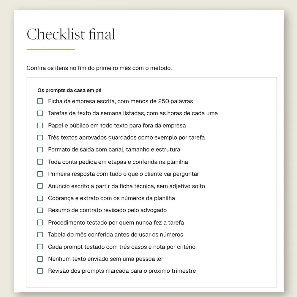 Página do checklist final do manual, com 15 itens para conferir no fim do primeiro mês com os prompts.