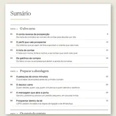 Manual aberto nas duas páginas do sumário, com as cinco partes, de O alvo certo a A máquina de prospecção, e as 24 ferramentas numeradas.