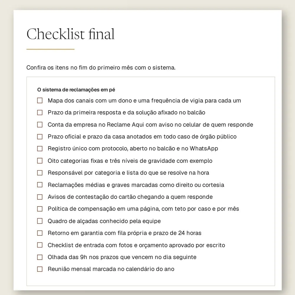 Página do checklist final do manual, com 15 itens para conferir no fim do primeiro mês com o sistema.