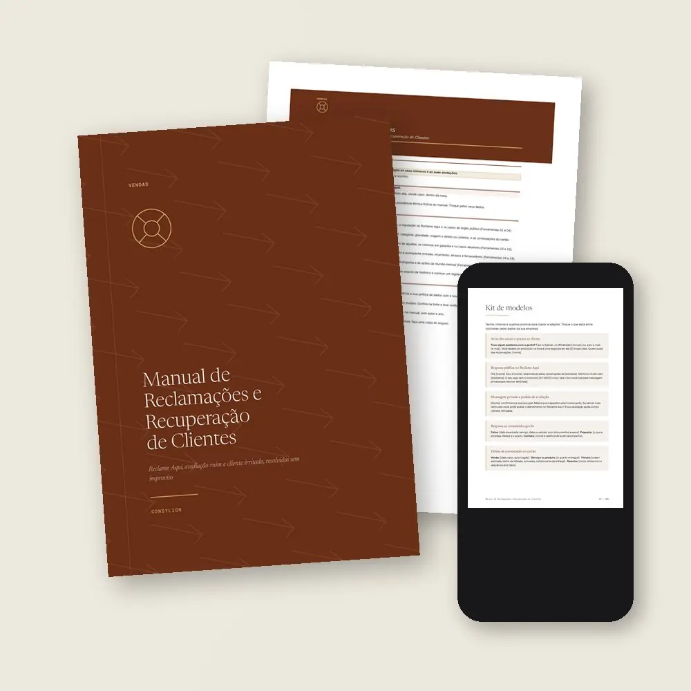 O que vem no Manual de Reclamações e Recuperação de Clientes: o PDF de 100 páginas, a planilha de reclamações, em Excel e Google Sheets, e o acesso pelo celular, com os 14 modelos prontos do Kit.