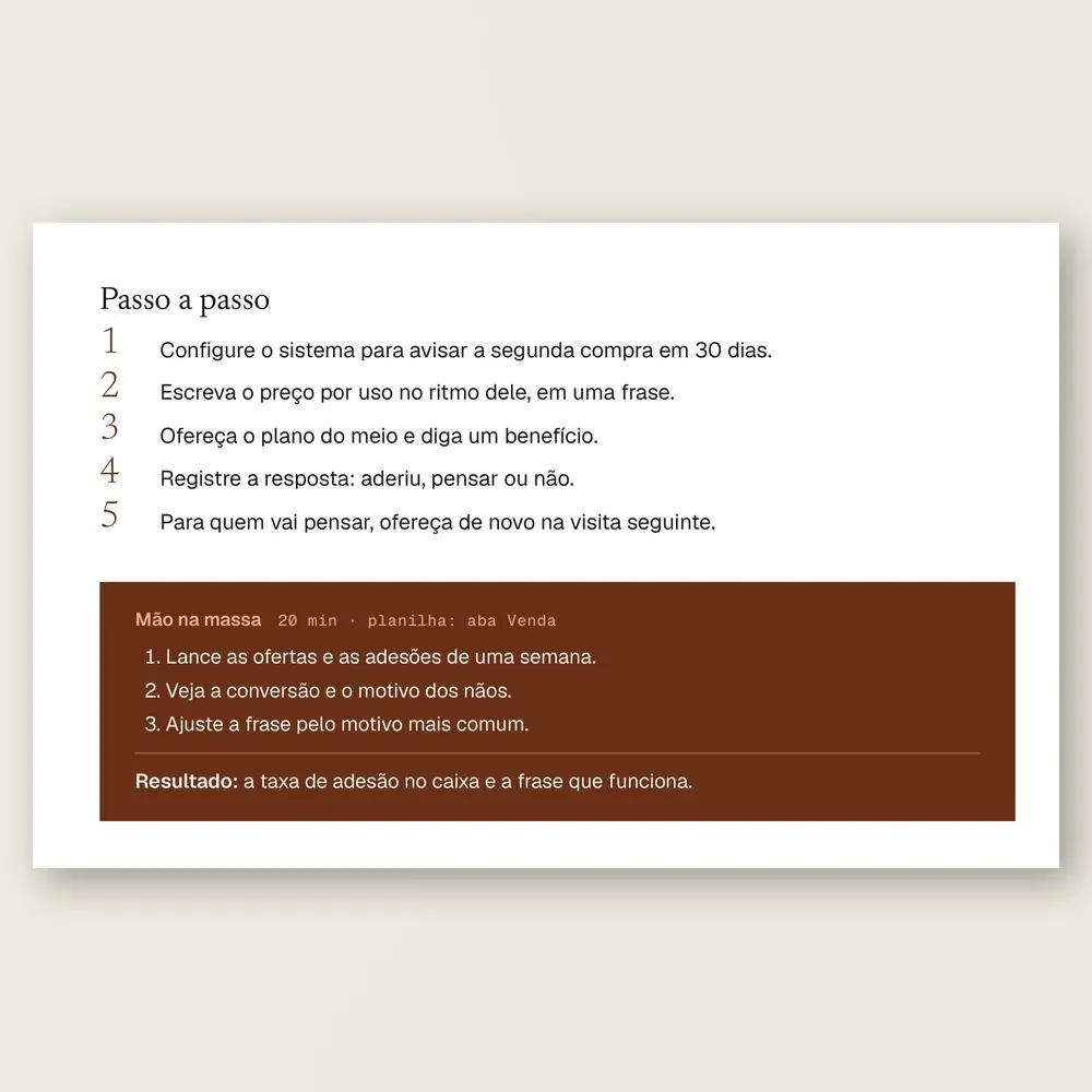 Página da Ferramenta 11, Oferta na hora do caixa, com o passo a passo para oferecer o plano na segunda compra do mês e a caixa Mão na massa.