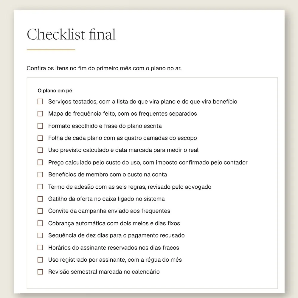 Página do checklist final do manual, com 15 itens para conferir no fim do primeiro mês com o plano no ar.