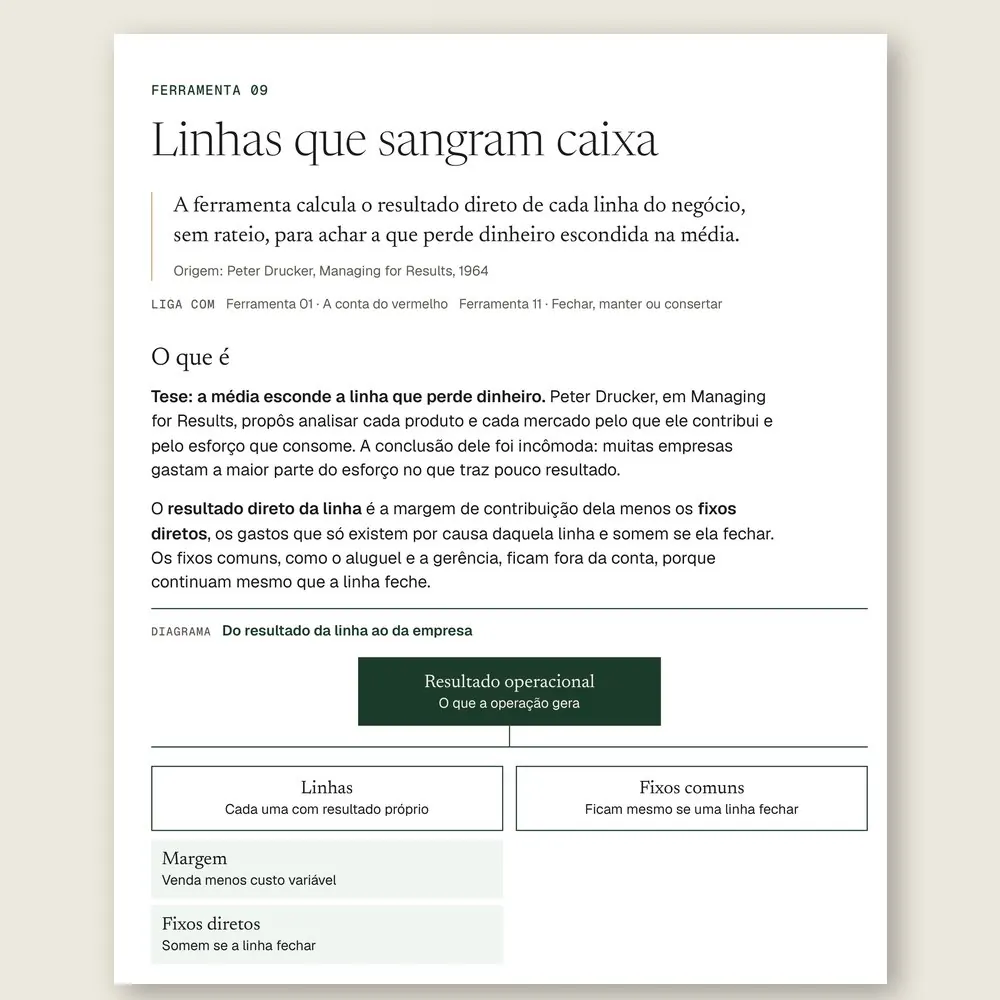 Página da Ferramenta 09 com o diagrama em árvore: o resultado operacional dividido entre as linhas, com margem e fixos diretos, e os fixos comuns.