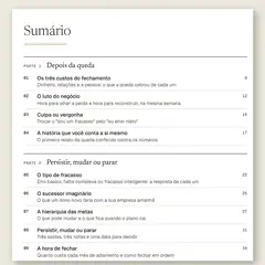 Manual aberto na página do sumário, com a Parte 1, Depois da queda, e a Parte 2, Persistir, mudar ou parar.