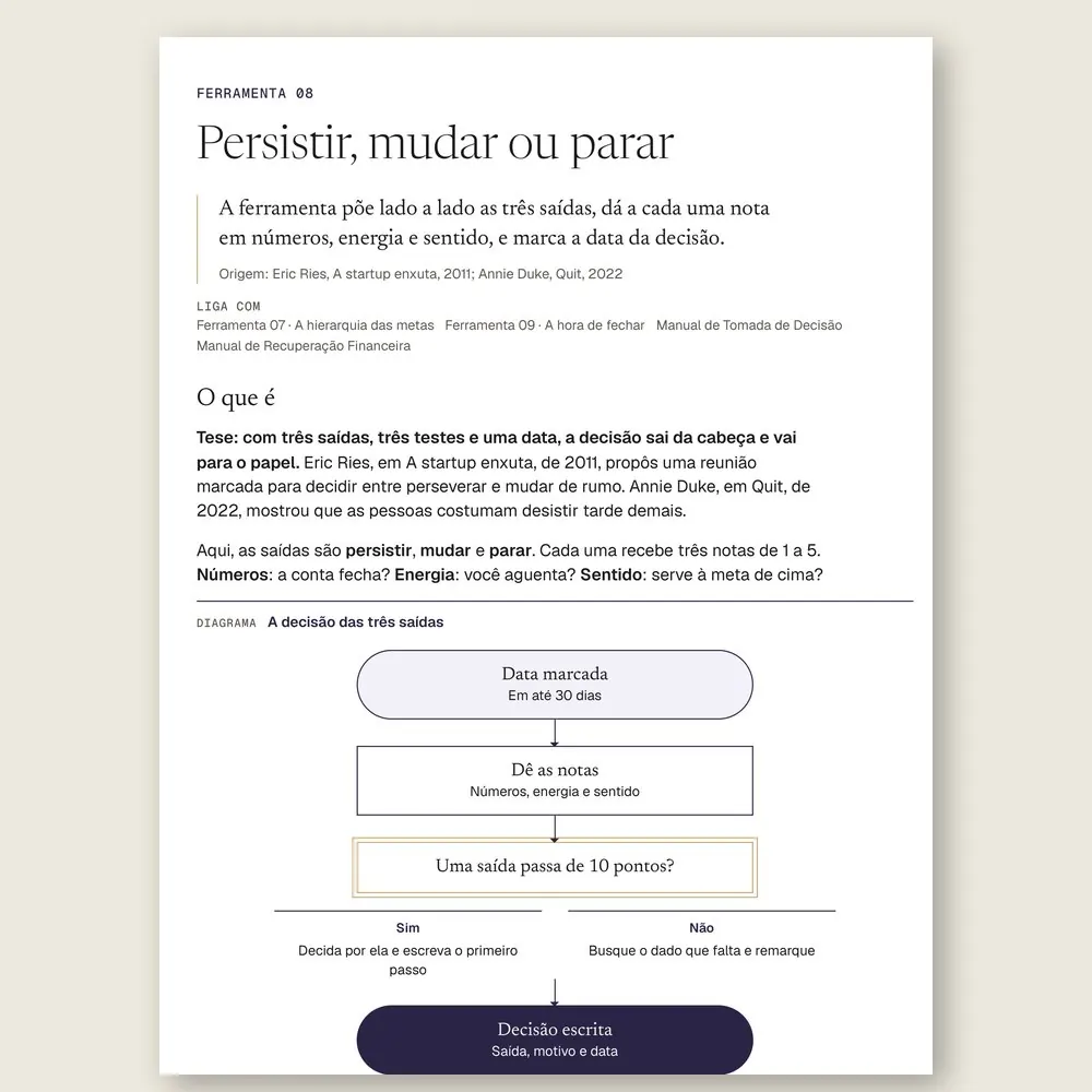 Página da Ferramenta 08, Persistir, mudar ou parar, com o fluxograma que dá nota às três saídas em números, energia e sentido e marca a data da decisão.