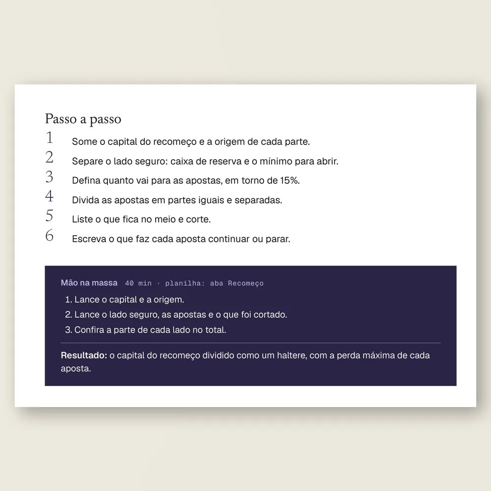 Passo a passo do haltere do recomeço, para proteger a maior parte do capital e arriscar só em apostas pequenas, com a caixa Mão na massa.