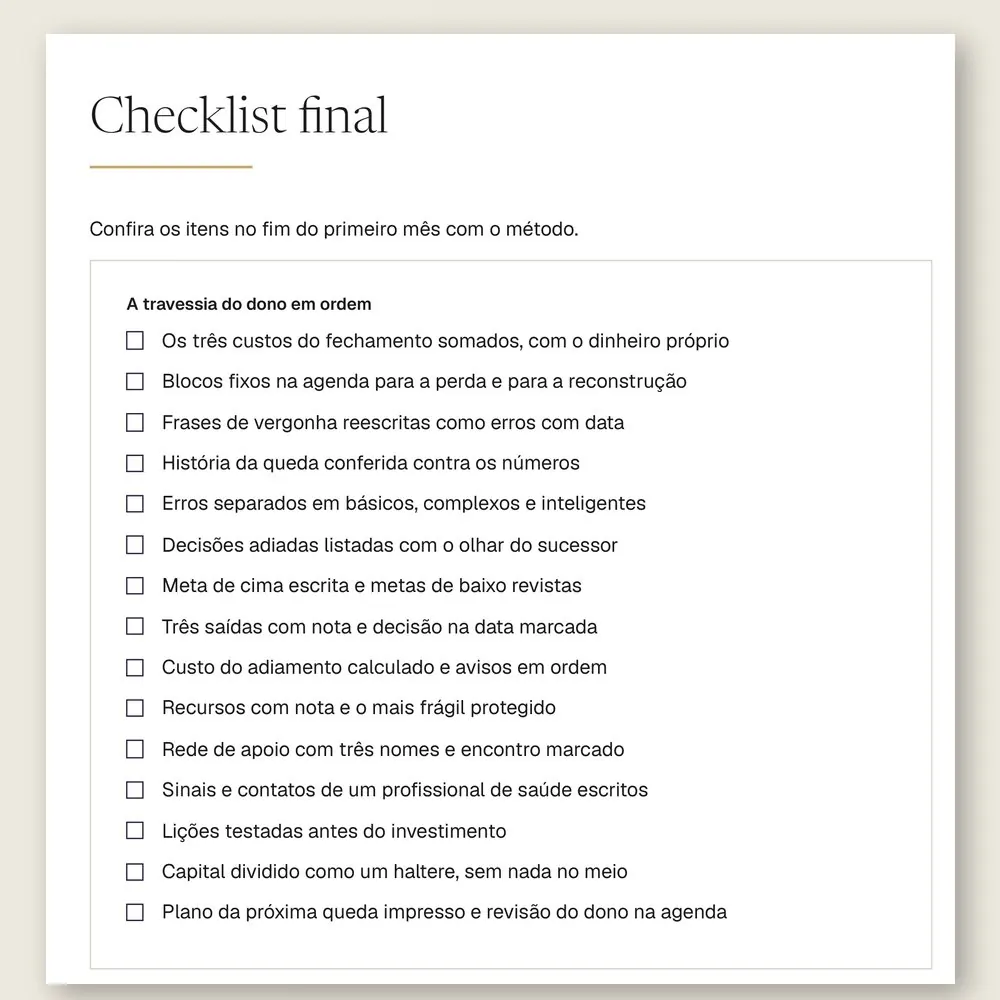 Página do checklist final do manual, com 15 itens para conferir no fim do primeiro mês com o método.