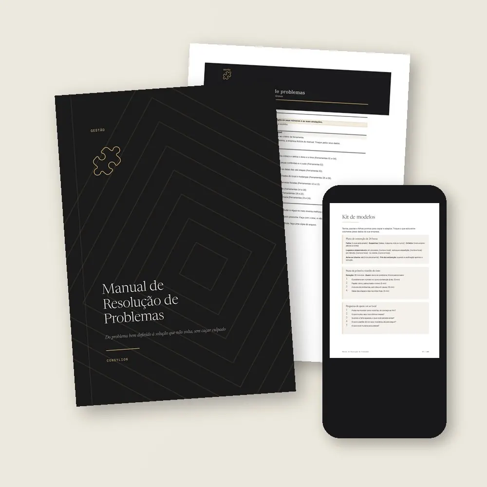 O que vem no Manual de Resolução de Problemas: o PDF de 100 páginas, a planilha de resolução de problemas, em Excel e Google Sheets, e o acesso pelo celular, com os 12 modelos prontos do Kit.