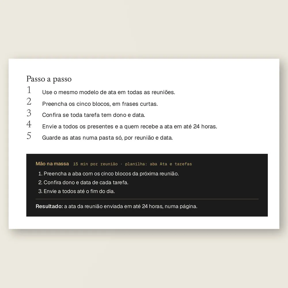 Página da Ferramenta 14, Ata de uma página, com o passo a passo para registrar decisões, tarefas e pendências e enviar a ata em até 24 horas.