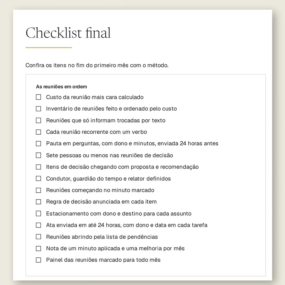 Página do checklist final do manual, com 15 itens para conferir no fim do primeiro mês com o método.