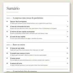 Manual aberto na página do sumário, com a Parte 1, A empresa como motor de patrimônio, e a Parte 2, Reter ou retirar.