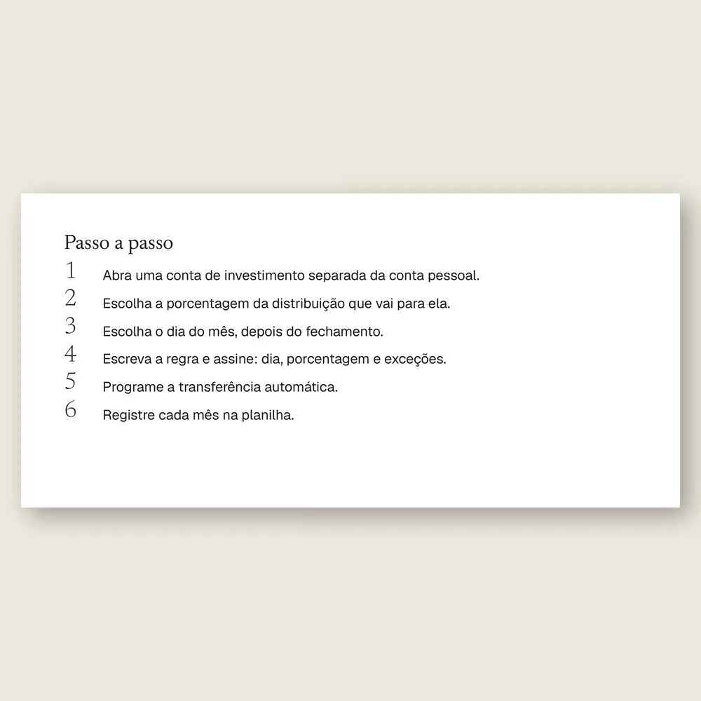 Passo a passo da esteira do lucro, para mandar todo mês uma parte fixa da distribuição ao patrimônio fora da empresa, com a caixa Mão na massa.