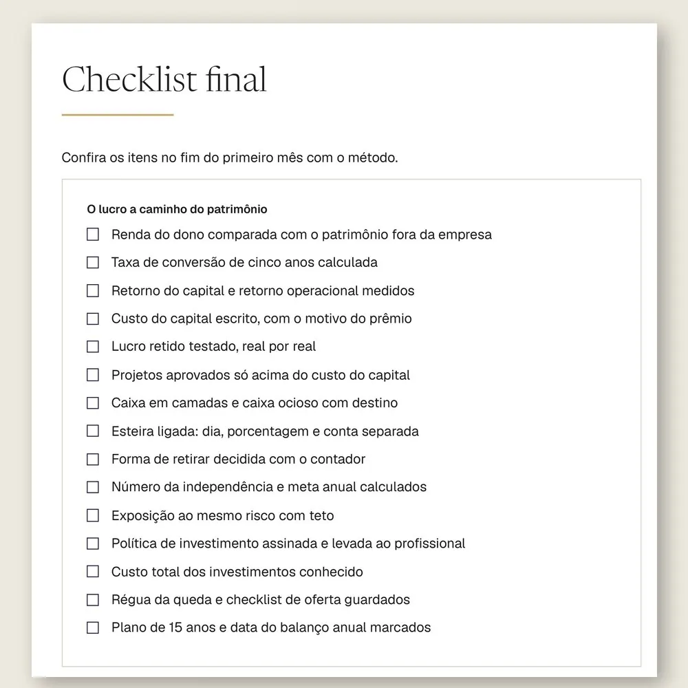 Página do checklist final do manual, com 15 itens para conferir no fim do primeiro mês com o método.