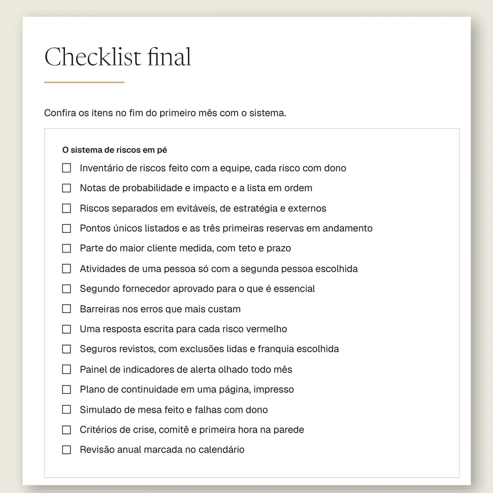 Página do checklist final do manual, com 15 itens para conferir no fim do primeiro mês com o sistema de riscos.