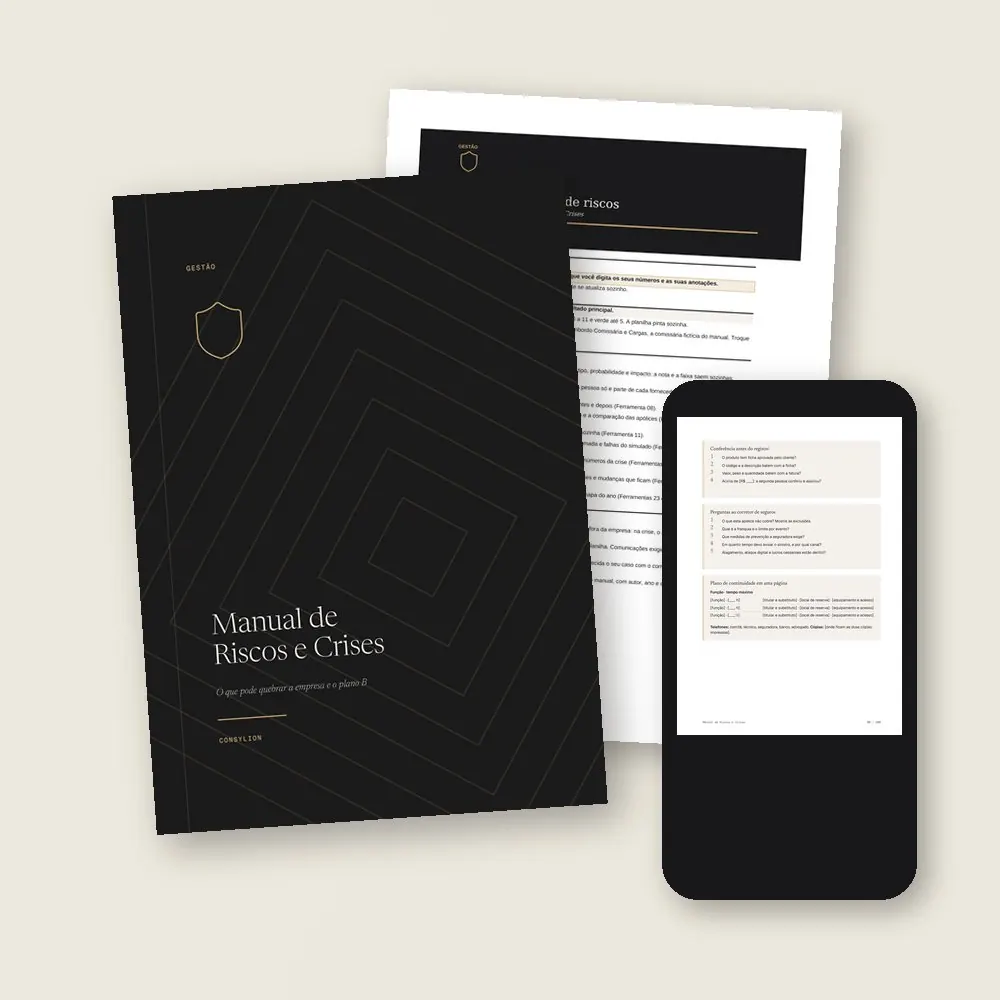 O que vem no Manual de Riscos e Crises: o PDF de 100 páginas, a planilha do mapa de riscos, em Excel e Google Sheets, e o acesso pelo celular, com os 12 modelos do Kit.