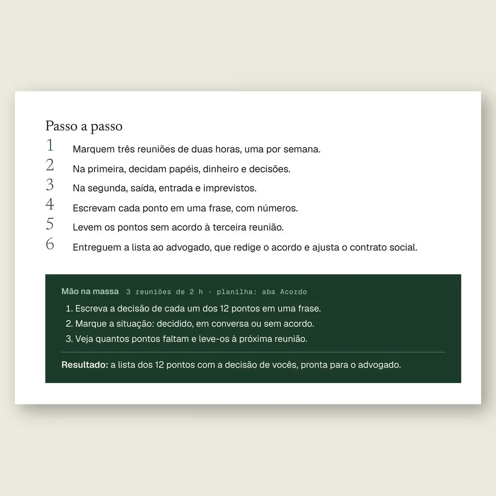 Página da Ferramenta 06 com o passo a passo para decidir o acordo em três reuniões e a caixa Mão na massa.