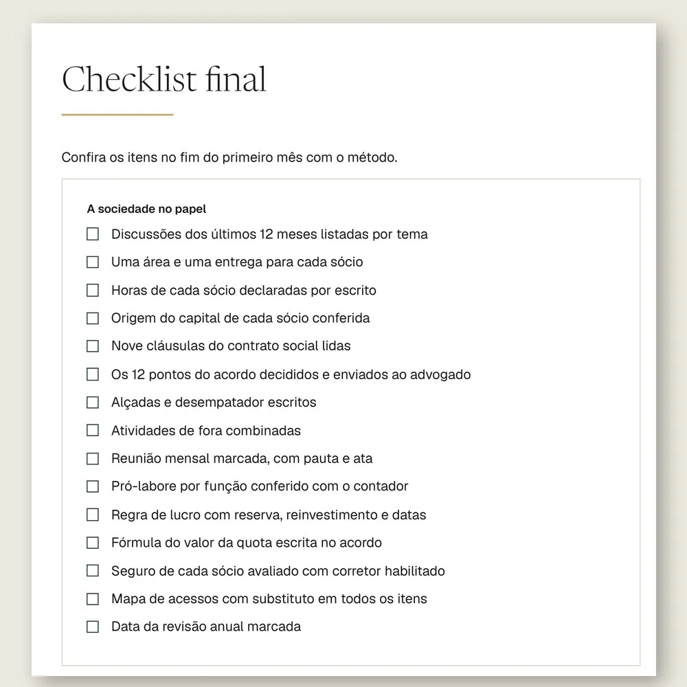 Página do checklist final do manual, com 15 itens para conferir no fim do primeiro mês com o método.
