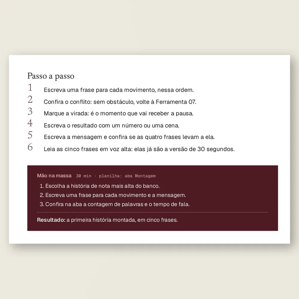 Página da Ferramenta 06 com o passo a passo para montar uma história em quatro movimentos e a caixa Mão na massa.
