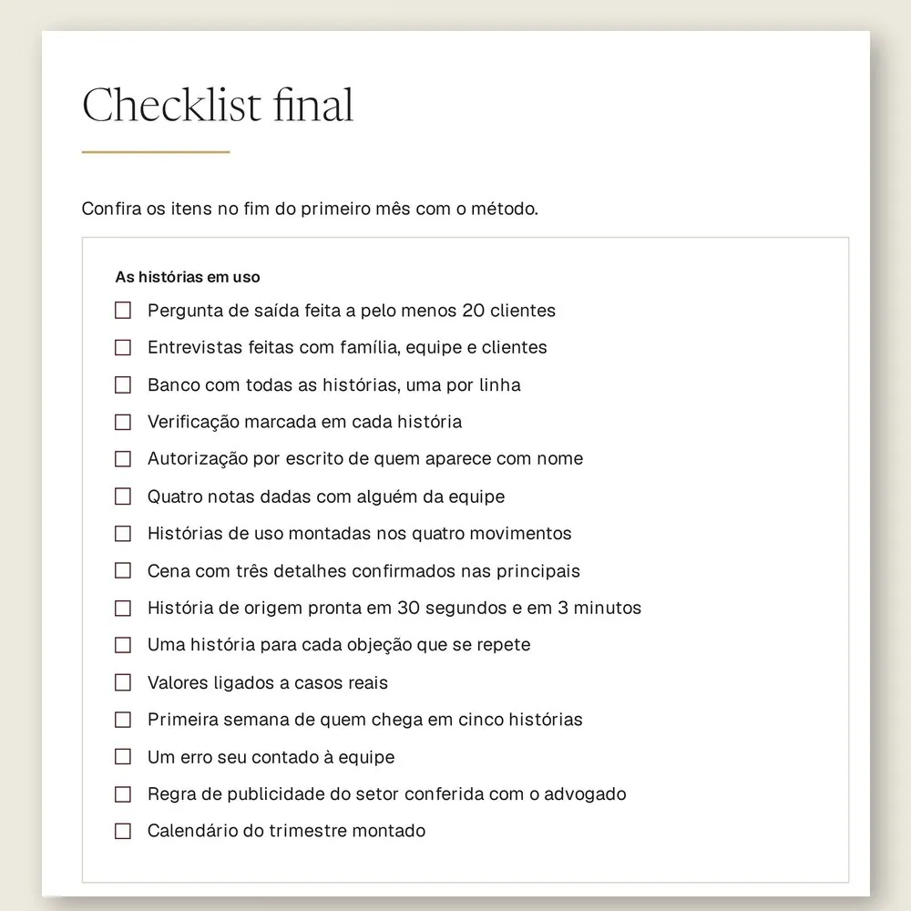 Página do checklist final do manual, com 15 itens para conferir no fim do primeiro mês com o método.