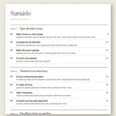 Manual aberto na página do sumário, com a Parte 1, Que decisão é esta, a Parte 2, Números na incerteza, e a Parte 3, Escolher entre as opções, e as ferramentas numeradas de 01 a 13.