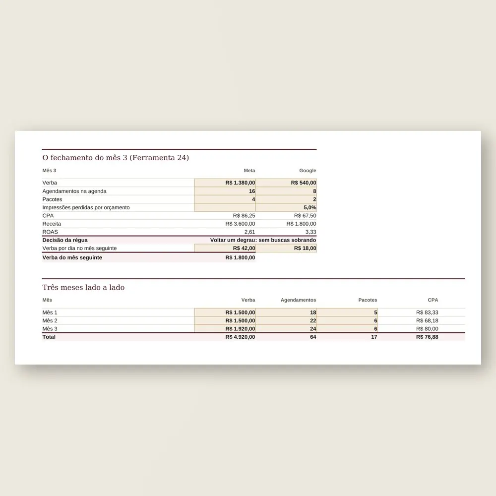 Close da planilha com o fechamento do mês: CPA, ROAS, a decisão da régua para o Meta e o Google e a verba do mês seguinte.