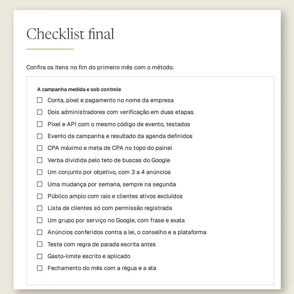 Página do checklist final do manual, com 15 itens para conferir no fim do primeiro mês com o método.