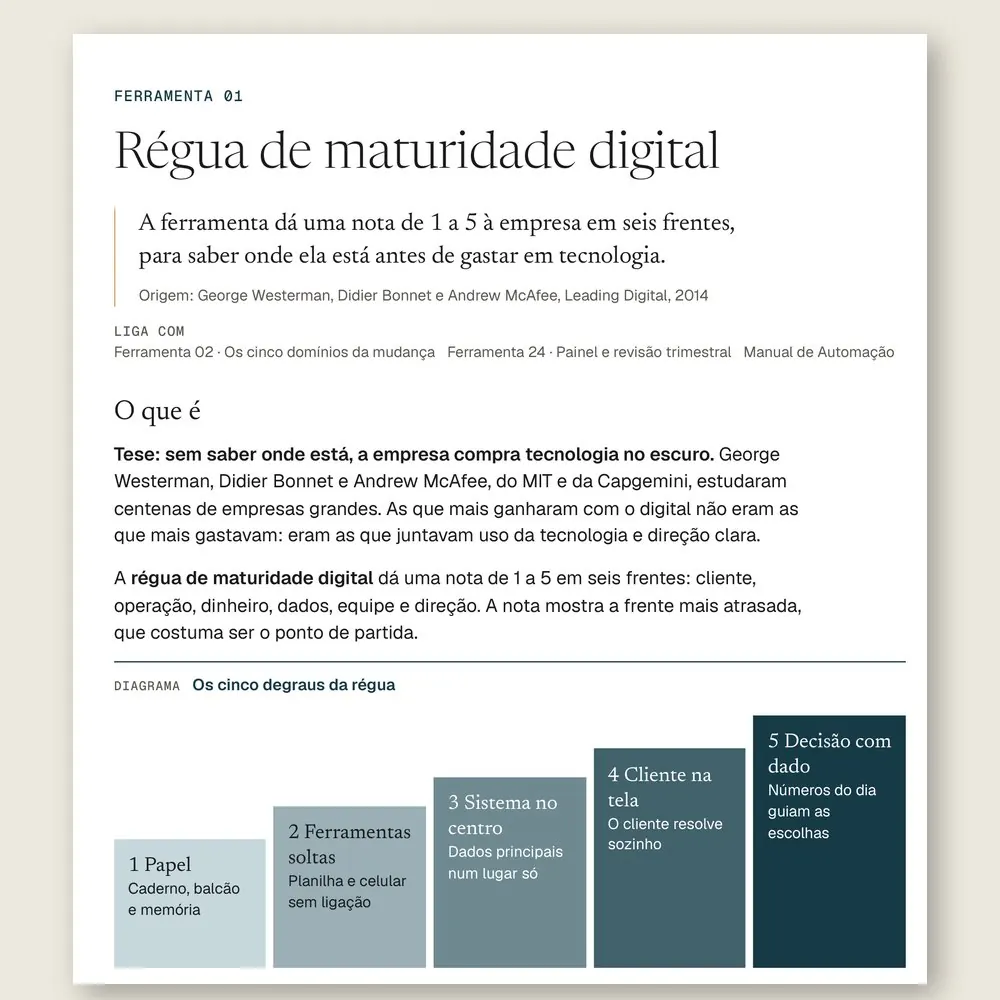Página da Ferramenta 01, Régua de maturidade digital, com a escada de cinco degraus que vai do papel e do balcão à decisão tomada com dados.