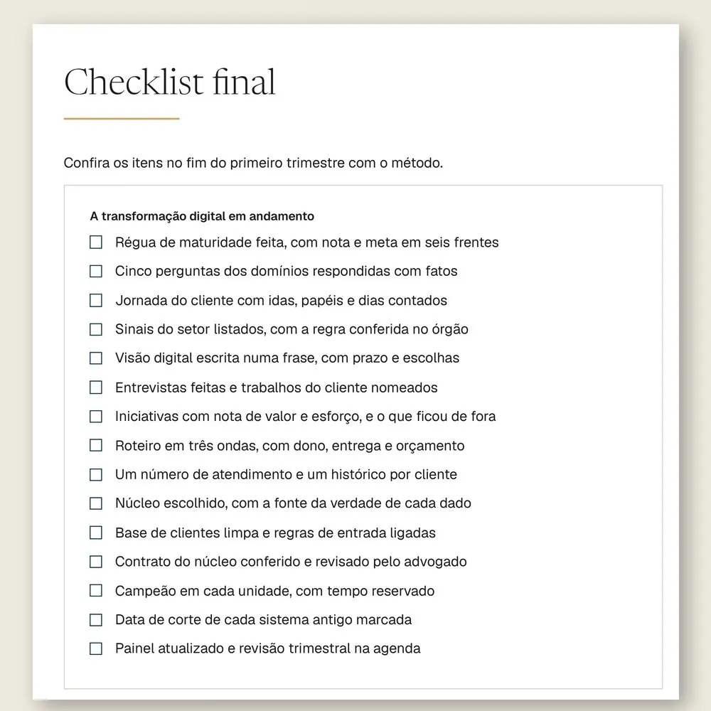 Página do checklist final do manual, com 15 itens para conferir no fim do primeiro trimestre com o método.