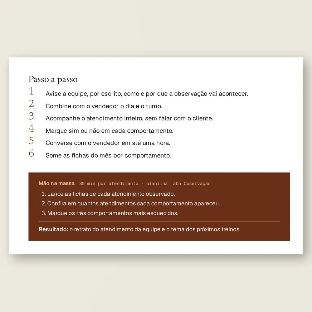 Página da Ferramenta 10, Observação no salão, com o passo a passo para acompanhar um atendimento real com a ficha de 10 comportamentos, e a caixa Mão na massa.
