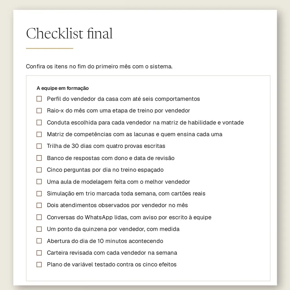 Página do checklist final do manual, com 15 itens para conferir no fim do primeiro mês com o sistema.