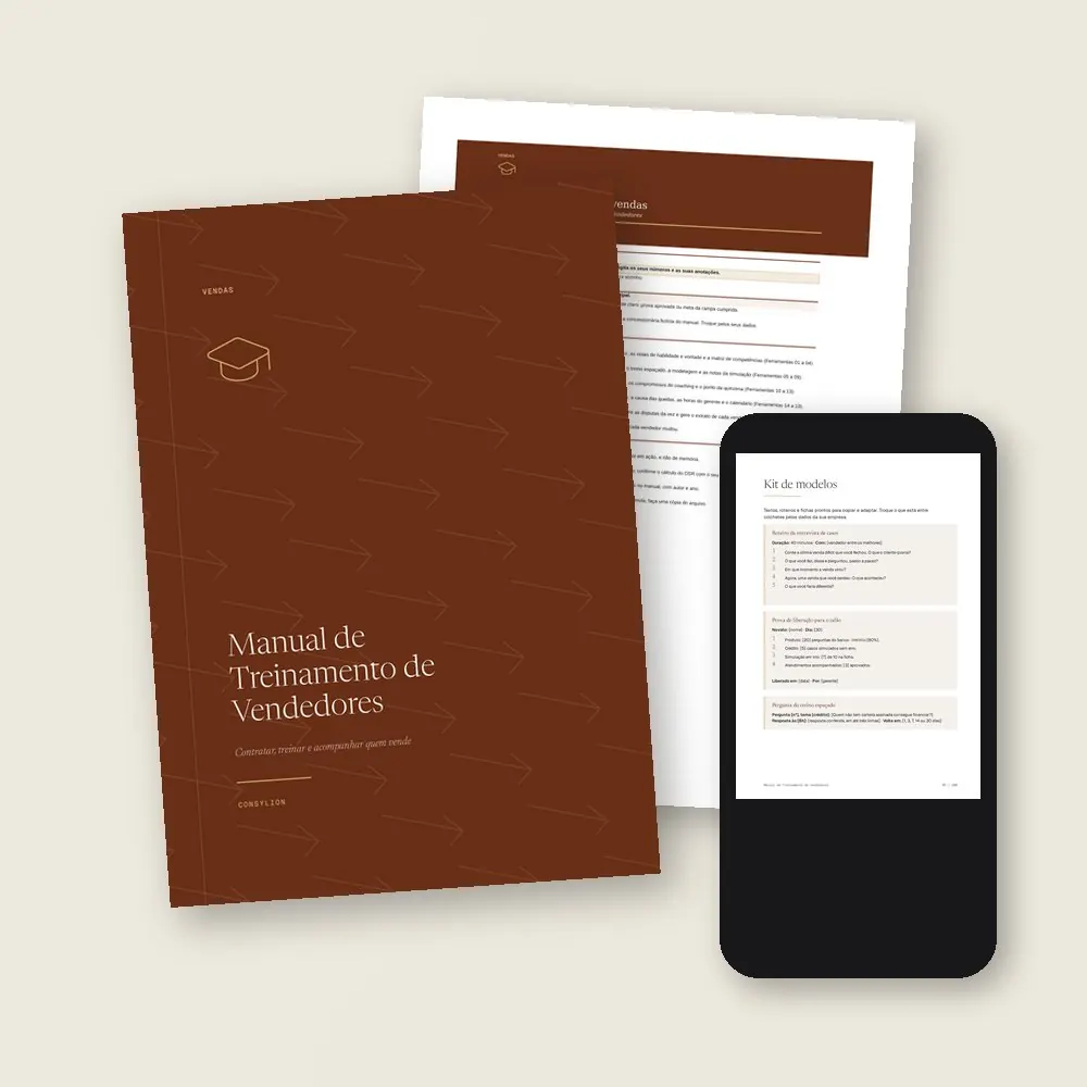 O que vem no Manual de Treinamento de Vendedores: o PDF de 100 páginas, a planilha da equipe de vendas, em Excel e Google Sheets, e o acesso pelo celular, com os 12 modelos prontos do Kit.